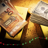 US dollar and euro banknotes with gold bars, overlaid with a line graph showing market data