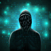 Silhouette of a hacker in a hoodie made up of binary code