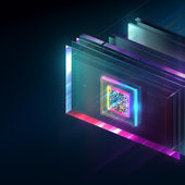 Futuristic digital graphic showing a glowing microchip within layered translucent panels