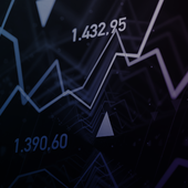 A financial graph in blue and purple