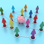 A netowrk of people around a piggy bank, signifying financial inclusion