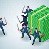Men protecting pile of dollars