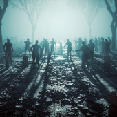 Zombies lurching through a graveyard