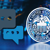 Fed icon with a financial chart background, and some speech bubbles