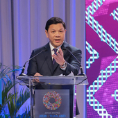 Vitai Ratanakorn speaks at the unveiling of the Bangkok Blueprint to Combat Cyber-Enabled Fraud in Digital Finance on October 14, 2026