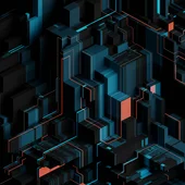 Futuristic abstract 3D digital cityscape with glowing blue and orange lines, symbolising AI, data networks, blockchain and modern technology.